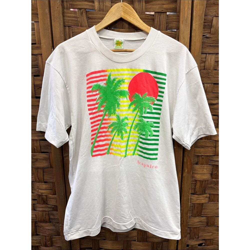 Vintage Single Stitch Acapulco Graphic Tee - White with Neon Palm Print